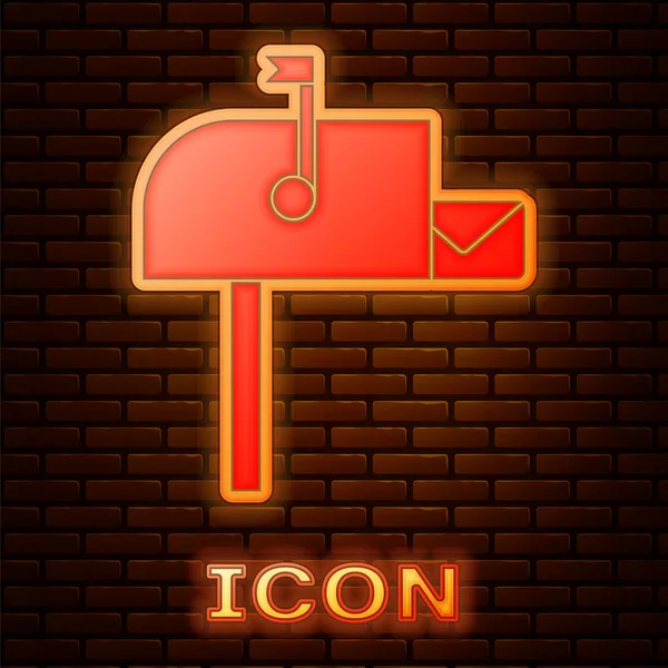 Glowing Neon Open Mail Box Icon Isolated Brick Wall Background — ストックベクタ