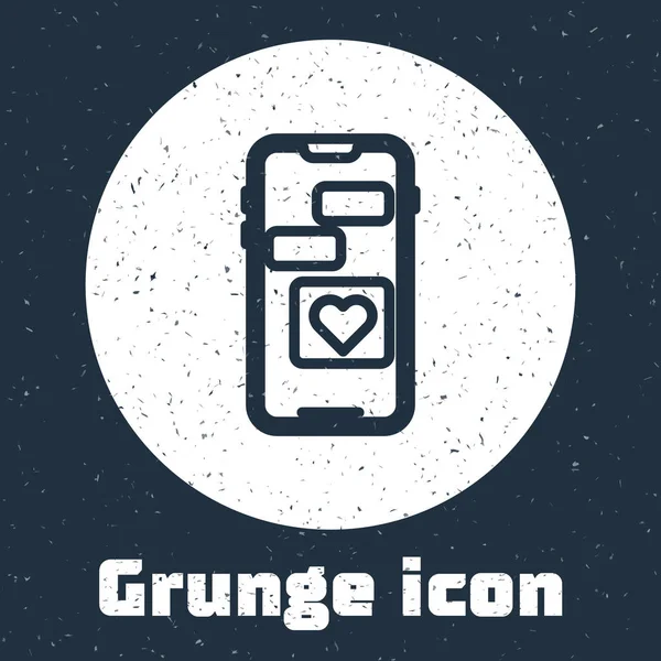 Grunge Linka Mobilní Telefon Ikonou Srdce Izolované Šedém Pozadí Valentýn — Stockový vektor