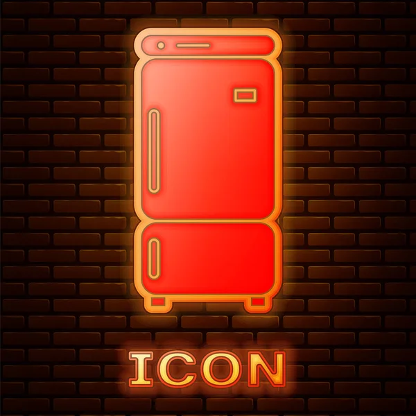 Icono Brillante Del Refrigerador Neón Aislado Fondo Pared Ladrillo Refrigerador — Vector de stock