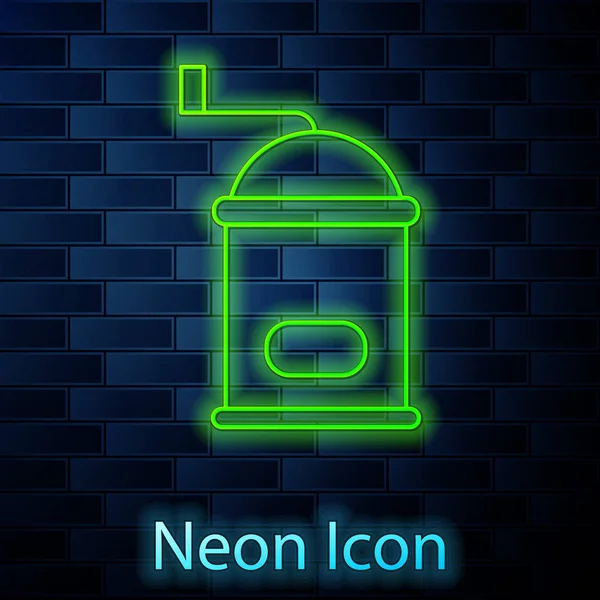 Leuchtende Neon Linie Manuelle Kaffeemühle Symbol Isoliert Auf Backsteinwand Hintergrund — Stockvektor