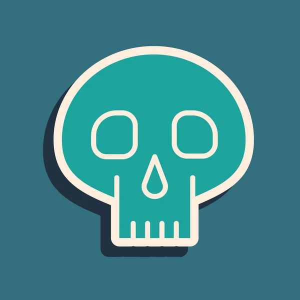 Green Skull Icoon Geïsoleerd Blauwe Achtergrond Lange Schaduw Stijl Vector — Stockvector