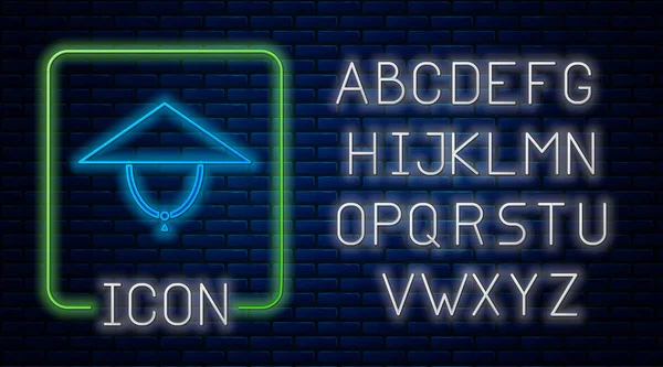 Gloeiende Neon Aziatische Conische Hoed Pictogram Geïsoleerd Baksteen Muur Achtergrond — Stockvector