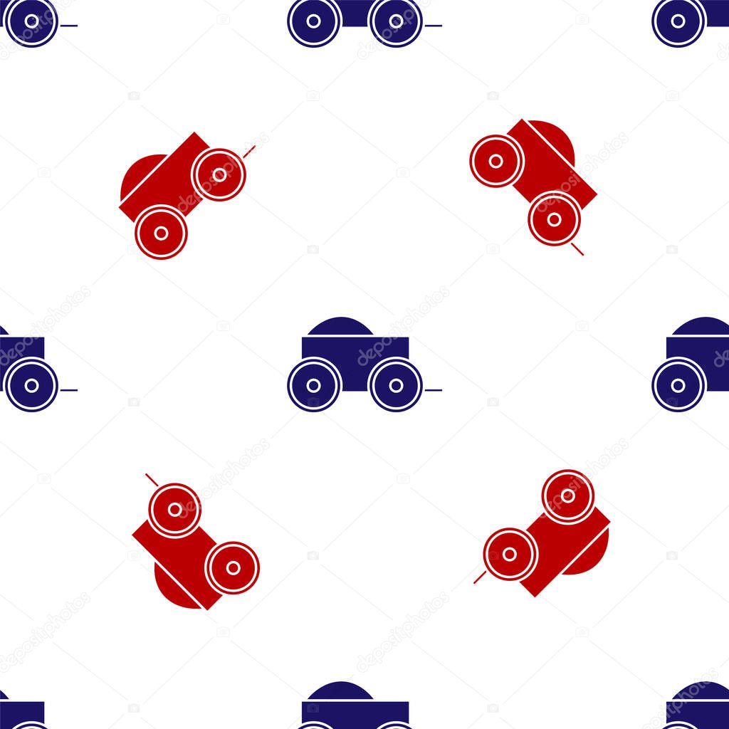 Blue and red Wooden four-wheel cart with hay icon isolated seamless pattern on white background.  Vector Illustration