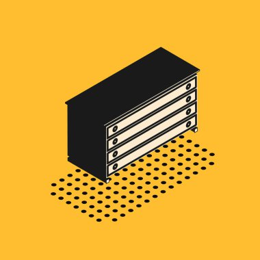 Isometric Chest of drawers icon isolated on yellow background.  Vector Illustration