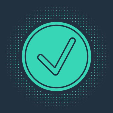 Green Check mark in circle icon isolated on blue background. Choice button sign. Checkmark symbol. Abstract circle random dots. Vector Illustration