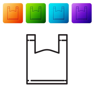 Siyah çizgi plastik torba simgesi beyaz arkaplanda izole edildi. Tek kullanımlık selofan ve politen paket yasaklama işareti. Renkli kare düğmelerle simgeleri ayarla. Vektör İllüstrasyonu