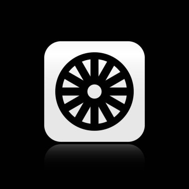 Siyah arka planda izole edilmiş eski siyah tahta tekerlek simgesi. Gümüş kare düğme. Vektör İllüstrasyonu