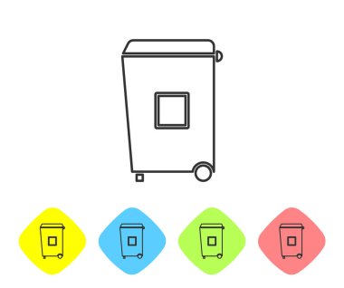 Beyaz arka planda gri çizgi çöp kutusu simgesi izole edildi. Çöp kutusu tabelası. Sepet simgesini geri dönüştür. Ofis çöpü ikonu. Renkli eşkenar dörtgen düğmelerine simgeleri yerleştir. Vektör İllüstrasyonu