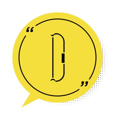 Siyah ortaçağ yay simgesi beyaz arkaplanda izole edilmiş. Ortaçağ silahı. Sarı konuşma balonu sembolü. Vektör İllüstrasyonu