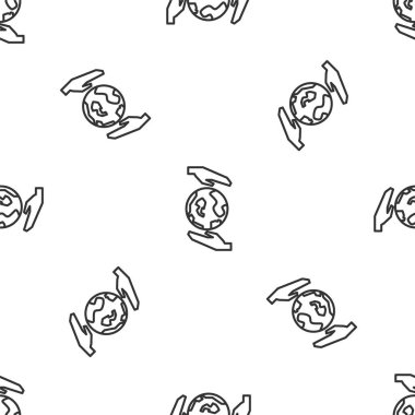 Dünya 'nın simgesini tutan gri çizgi insan eli beyaz arka planda izole edilmiş kusursuz desen. Dünya kavramını sakla. Vektör İllüstrasyonu