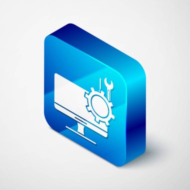 Isometric Computer monitor with screwdriver and wrench icon isolated on white background. Adjusting, service, setting, maintenance, repair. Blue square button. Vector Illustration