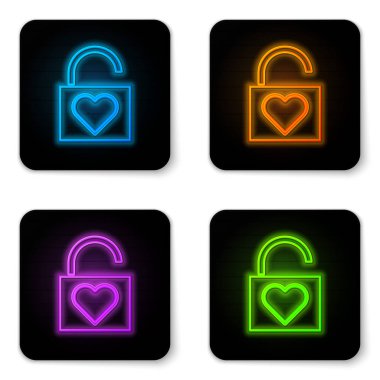 Parlayan neon kilit ve kalp ikonu beyaz arkaplanda izole edildi. Kilitli Kalp. Aşk sembolü ve anahtar deliği işareti. Sevgililer Günü sembolü. Siyah kare düğme. Vektör İllüstrasyonu