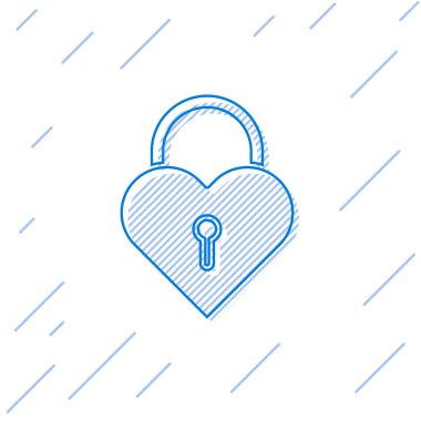 Beyaz arka planda izole edilmiş kalp simgesi şeklinde mavi çizgi bir kale. Kilitli Kalp. Aşk sembolü ve anahtar deliği işareti. Vektör İllüstrasyonu