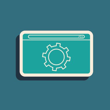 Mavi arkaplanda yeşil ayar simgesi izole edildi. Ayarlama, servis, bakım, onarım, onarım. Uzun gölge tarzı. Vektör İllüstrasyonu