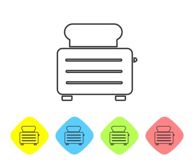 Beyaz arka planda izole edilmiş tost simgesi olan gri çizgi tost makinesi. Renkli eşkenar dörtgen düğmelerine simgeleri yerleştir. Vektör İllüstrasyonu