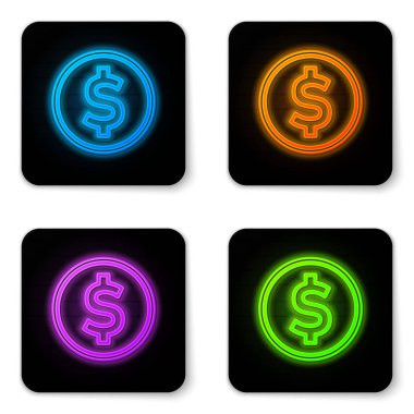 Glowing neon Coin money with dollar symbol icon isolated on white background. Banking currency sign. Cash symbol. Black square button. Vector Illustration