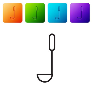 Siyah çizgi mutfak kepçesi simgesi beyaz arkaplanda izole edildi. Mutfak aletleri. Çatal kaşık tabelası. Renkli kare düğmelerle simgeleri ayarla. Vektör İllüstrasyonu