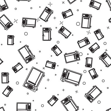 Siyah çizgi mikrodalga fırın ikonu beyaz zemin üzerinde izole edilmiş pürüzsüz desen. Ev aletleri simgesi. Vektör İllüstrasyonu