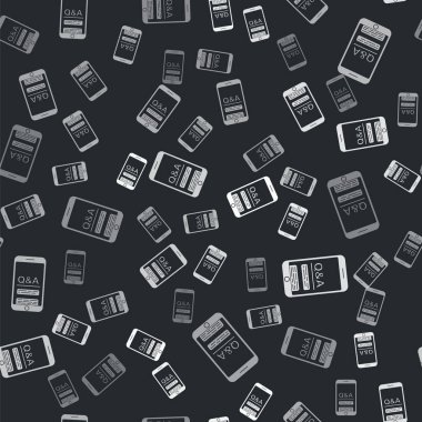Soru ve Ünlem ikonlu gri cep telefonu siyah arkaplandaki kusursuz deseni izole etti. Sık sık sorulan sorular. Vektör İllüstrasyonu