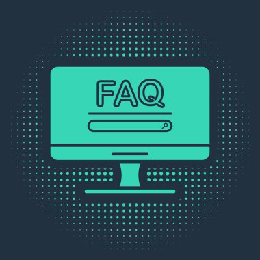 Mavi arkaplanda izole edilmiş Faq bilgi simgesi içeren yeşil bilgisayar monitörü. Sık sık sorulan sorular. Soyut çember rastgele noktalar. Vektör İllüstrasyonu