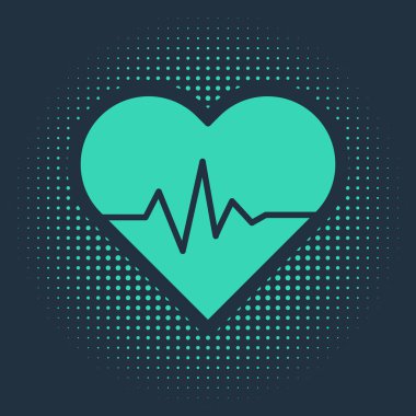 Yeşil Kalp hızı simgesi mavi arkaplanda izole edildi. Kalp atışı işareti. Kalp atışı ikonu. Kardiyogram simgesi. Soyut çember rastgele noktalar. Vektör İllüstrasyonu