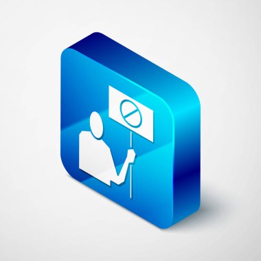 Beyaz arkaplanda Isometric Nature kaydetme protesto simgesi izole edildi. Dünya gezegeni koruması, çevre sorunları gösterisi. Mavi kare düğme. Vektör İllüstrasyonu