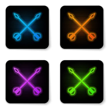 Parlayan Ortaçağ çapraz ok simgesi beyaz arkaplanda izole edilmiş. Ortaçağ silahı. Siyah kare düğme. Vektör İllüstrasyonu