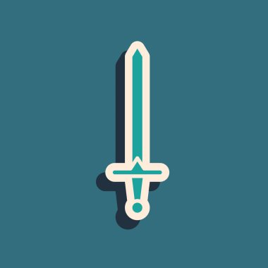 Mavi arka planda yeşil ortaçağ kılıç simgesi izole edildi. Ortaçağ silahı. Uzun gölge tarzı. Vektör İllüstrasyonu