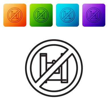 Siyah çizgi beyaz arka planda izole edilmiş plastik poşet poster ikonuna hayır de. Tek kullanımlık selofan ve politen paket yasaklama işareti. Renkli kare düğmelerle simgeleri ayarla. Vektör İllüstrasyonu