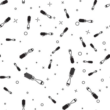 Siyah çizgi saç kurutma ikonu beyaz arka planda kusursuz desen izole etti. Saç kurutma makinesi tabelası. Saç kurutma sembolü. Sıcak hava üflüyor. Vektör İllüstrasyonu