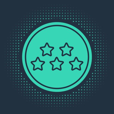 Yeşil 5 yıldızlı ürün değerlendirme simgesi mavi arkaplanda izole edildi. Favori, en iyi derecelendirme, ödül sembolü. Soyut çember rastgele noktalar. Vektör İllüstrasyonu