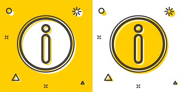 Sarı ve beyaz arkaplanda siyah bilgi simgesi izole edildi. Rastgele dinamik şekiller. Vektör İllüstrasyonu