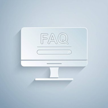 Kağıt kesme Bilgisayar monitörü ve gri arkaplanda izole edilmiş Faq bilgi simgesi. Sık sık sorulan sorular. Kağıt sanatı tarzı. Vektör İllüstrasyonu