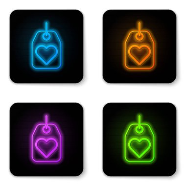 Parlayan neon kalp etiketi simgesi beyaz arkaplanda izole edildi. Aşk sembolü. Sevgililer Günü sembolü. Siyah kare düğme. Vektör İllüstrasyonu