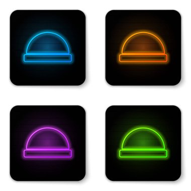 Parlayan neon Beanie şapka simgesi beyaz arkaplanda izole edildi. Siyah kare düğme. Vektör İllüstrasyonu
