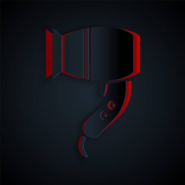 Kağıt kesiği saç kurutma ikonu siyah arka planda izole edilmiş. Saç kurutma makinesi tabelası. Saç kurutma sembolü. Sıcak hava üflüyor. Kağıt sanatı tarzı. Vektör İllüstrasyonu