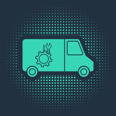 Mavi arkaplanda yeşil araba servis simgesi izole edildi. Tamirci oto tamircisi. Bakım tabelası. Soyut çember rastgele noktalar. Vektör İllüstrasyonu