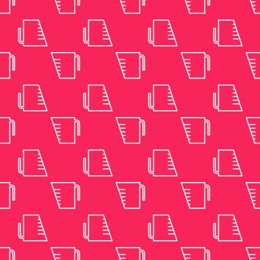 Beyaz çizgi ölçme kabı kuru ve sıvı yiyecek ikonunu ölçmek için kırmızı zemin üzerinde izole edilmiş dikişsiz desen. Plastik şişenin sapı var. Vektör İllüstrasyonu