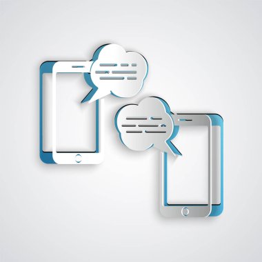 Paper cut New chat messages notification on phone icon isolated on grey background. Smartphone chatting sms messages speech bubbles. Paper art style. Vector Illustration