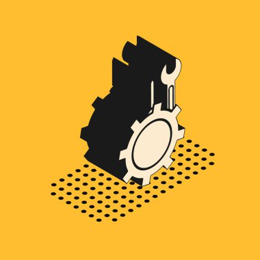 Sarı arka planda Isome marka İngiliz anahtarı ve vites simgesi olan tornavida izole edilmiş. Ayarlama, servis, ayar, bakım, onarım, onarım. Vektör İllüstrasyonu