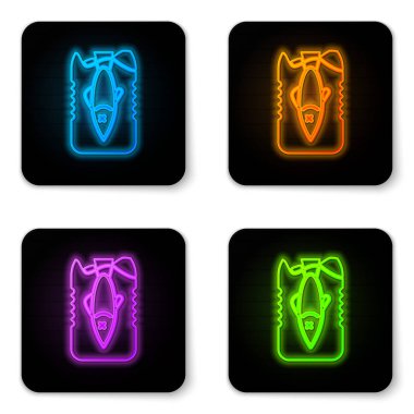 Parlayan neon durdurma okyanus plastik kirliliği simgesi beyaz arkaplanda izole edildi. Çevre koruma kavramı. Balıklar plastiğe hayır der. Siyah kare düğme. Vektör İllüstrasyonu