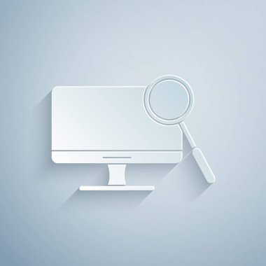 Kağıt kesiği Bilgisayar monitörü teşhis simgesi gri arkaplanda izole edildi. Uygulama, servis, ayar seçenekleri, bakım, onarım. Kağıt sanatı tarzı. Vektör İllüstrasyonu