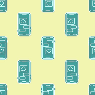 Sarı arka planda, kalp ikonlu yeşil cep telefonu izole edilmiş, pürüzsüz desen. Sevgililer Günü. Vektör İllüstrasyonu