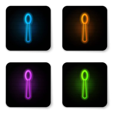Parlayan neon kullan-at plastik kaşık simgesi beyaz arkaplanda izole edilmiş. Siyah kare düğme. Vektör İllüstrasyonu