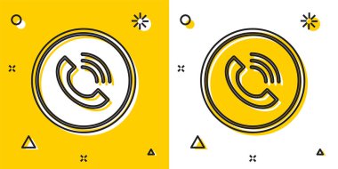 Siyah Telefon arama simgesi sarı ve beyaz arkaplanda izole edildi. Rastgele dinamik şekiller. Vektör İllüstrasyonu