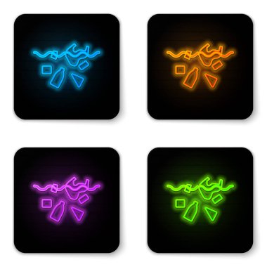 Parlayan neon, beyaz arka planda izole edilmiş okyanus ikonu kirliliği sorunu. Çöpler, plastikler, denizdeki poşetler. Siyah kare düğme. Vektör İllüstrasyonu
