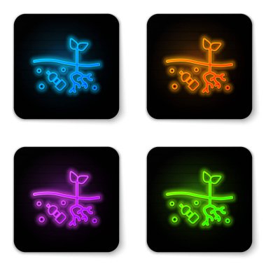 Parlayan neon, gezegen ikonunun kirliliği sorunu beyaz arka planda izole edildi. Çöpler, plastikler, gezegendeki poşetler. Siyah kare düğme. Vektör İllüstrasyonu