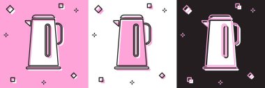 Kettle 'ı siyah arka planda pembe beyaz ikon ile izole et. Çaydanlık ikonu. Vektör İllüstrasyonu