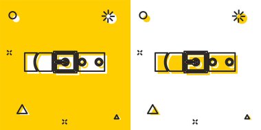 Black Leather belt with buttoned steel buckle icon isolated on yellow and white background. Random dynamic shapes. Vector Illustration clipart