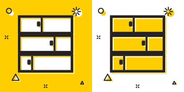 Sarı ve beyaz arkaplanda siyah raf simgesi izole edildi. Raflar işaretli. Rastgele dinamik şekiller. Vektör İllüstrasyonu